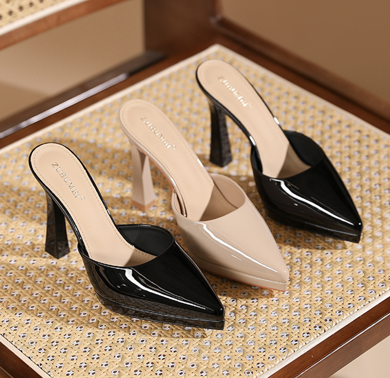 Sandal cao gót nữ mũi nhọn, gót 10 cm, đế platform, chất liệu da PU bóng — Da trần-10cm chi tiết 9