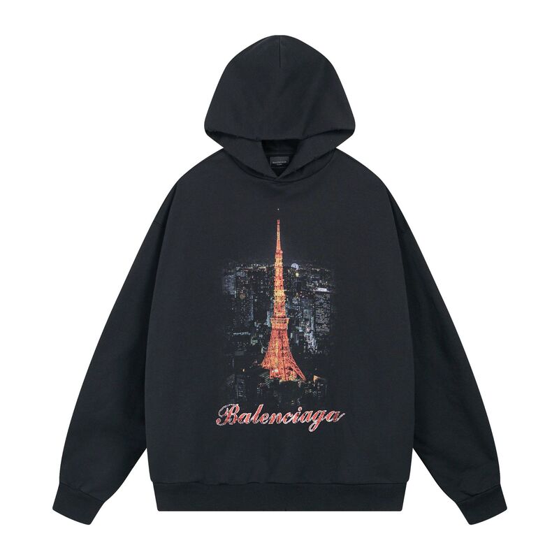 Paris Trendy Brand B's Classic Logo Tokyo Tower Surf Pattern Printed Washed Frayed Distressed Hooded Sweatshirt