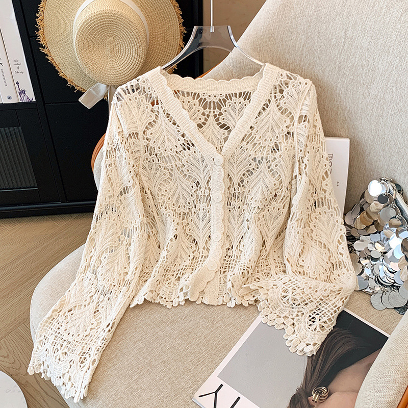 Brand Discount French All-match Hollow-out Embroidered Lace Shirt Women's Horn Sleeve Embroidered Long Sleeve Elegant Cardigan Top