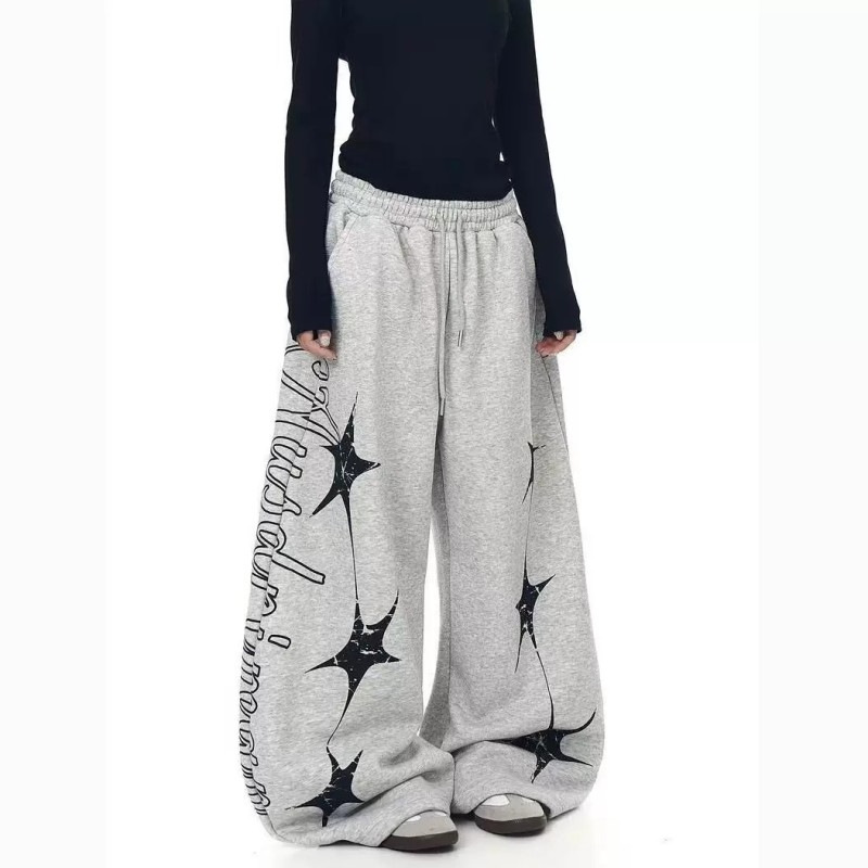 150kg American-Style Star Letter Print Plus-Size Sweatpants for Women, New Summer Versatile Loose Wide-Leg Casual Pants
