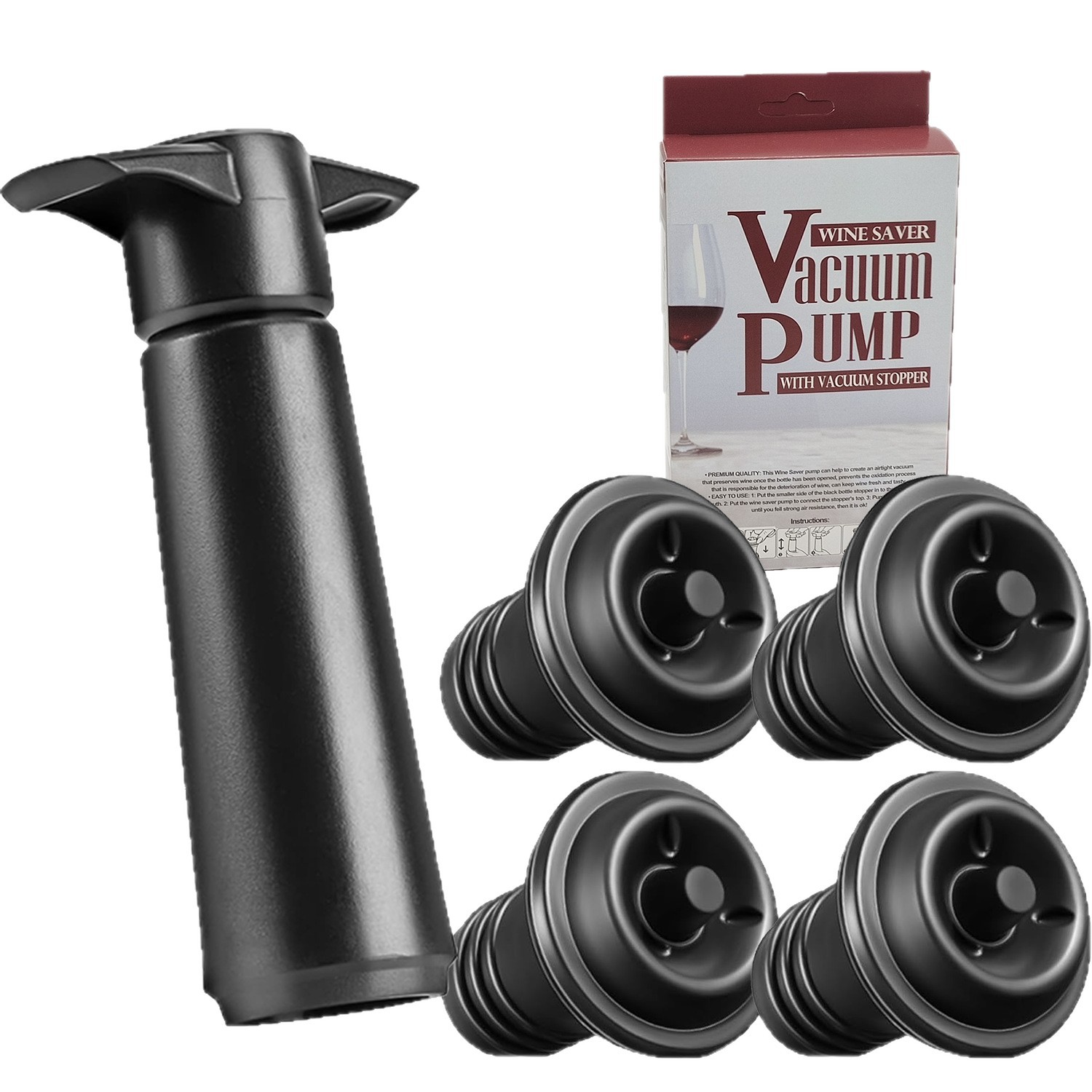 Suministro directo de fábrica Amazon Bomba de vacío de vino tinto, conservador fresco, juego de tapones de vino, tapón de vacío de vino tinto, tapón de succión de bomba negra