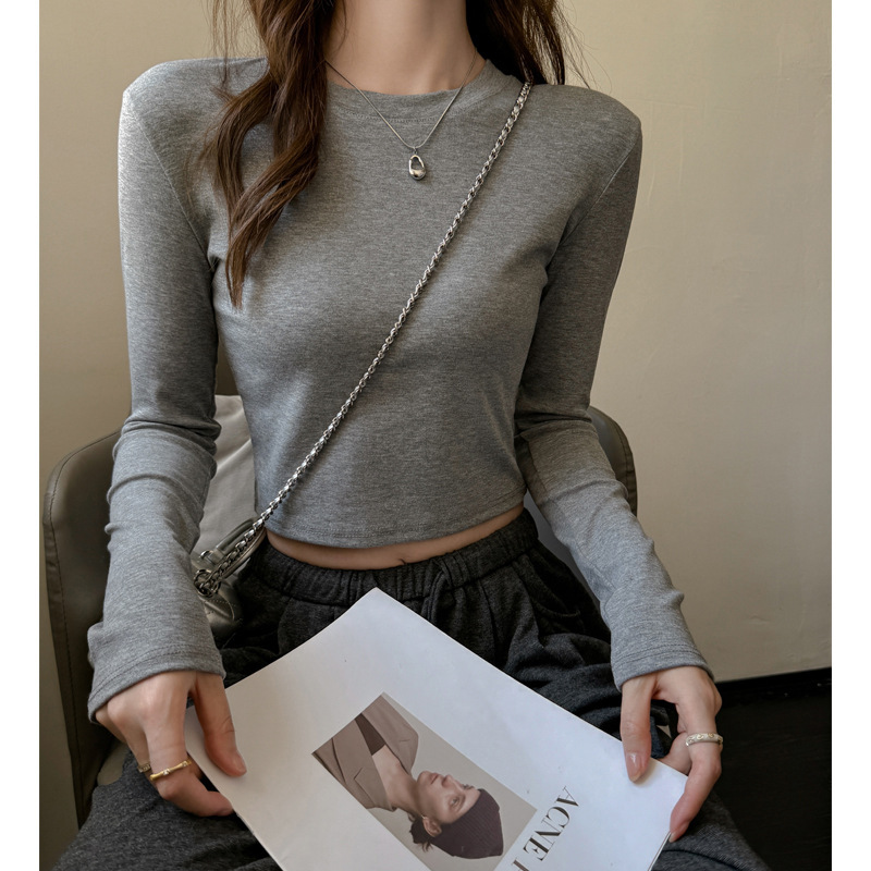 Carefully Selected Gray Short Long-Sleeved T-Shirt for Women in Autumn and Winter Lyocell Tencel Sexy Navel-Baring High-Bottom Round Neck Bottoming Shirt
