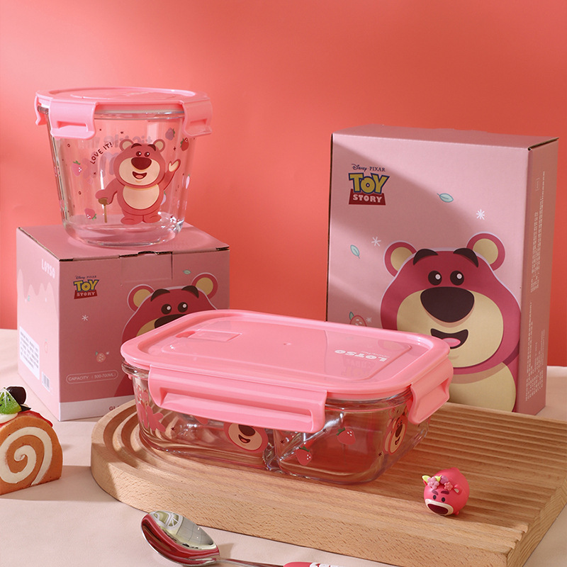 Disney Genuine Strawberry Bear Vidrio de borosilicato de tres compartiones Fiambrera Caja de regalo especial para horno microondas doméstico