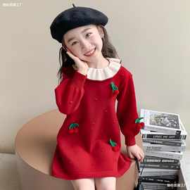 女童樱桃针织毛衣裙子春秋款2024新款儿童秋季秋冬宝宝秋装连衣裙