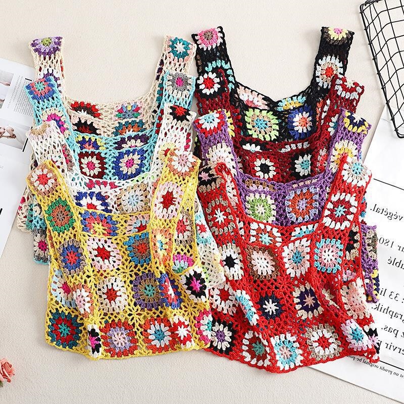 Cross-Border Colorful Hand-Crocheted Embroidered Hollow-Out Knit Tank Top for Women, Short Style, Sleeveless, Summer Beach Vacation Wear, Trendy Cross-Border Colorful Hand-Crocheted Embroidered Hollow-Out Knit Tank Top for Women, Short Style, Sleeveless, Summer Beach Vacation Wear, Trendy