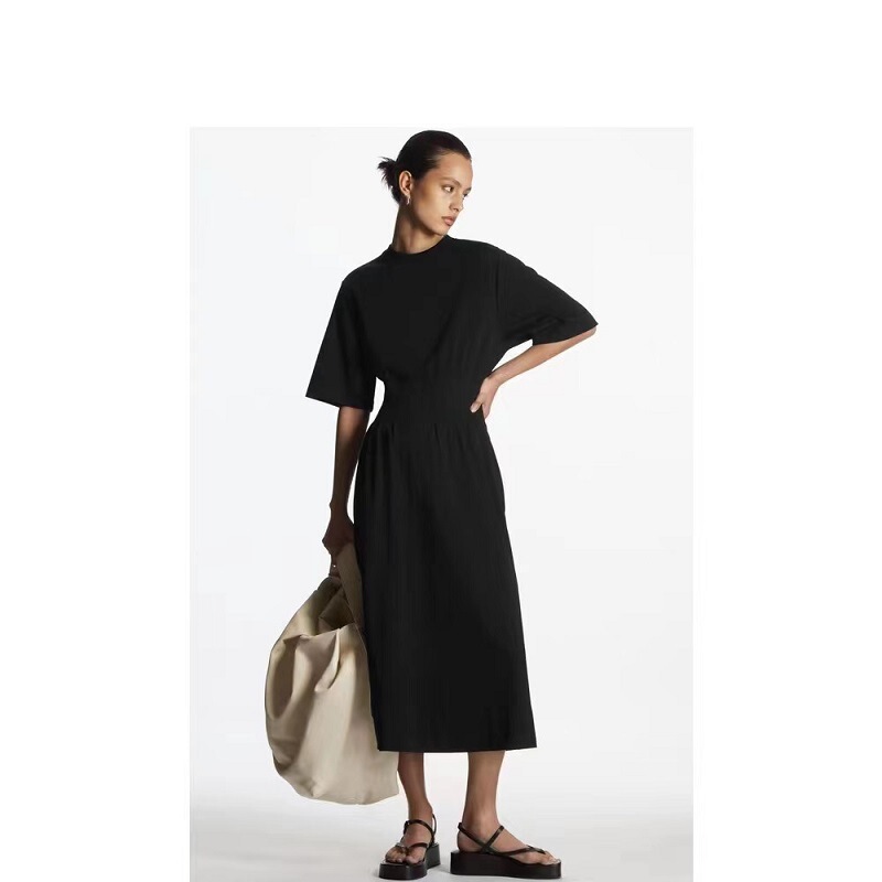 C*Os Women's Clothing 2026 Spring Cotton Black Short-Sleeve Ruched A-Line Waist-Cinching Dress Elegant Commuter Style