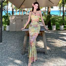 法式度假风油画连衣裙女夏收腰显瘦包臀裙长裙图片色针织面料扎染