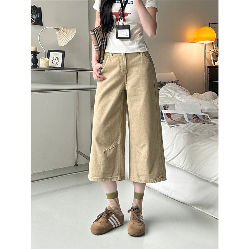 Khaki Straight-Leg Cropped Jeans for Women, High-Waisted, Slimming, Summer Thin Style, Petite Loose Wide-Leg Casual Mid-Length Pants