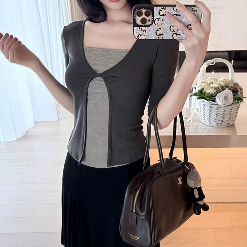 【260g Rayon Modal】Korean-style elegant faux two-piece twisted mid-sleeve T-shirt for women, stylish slim-fit top