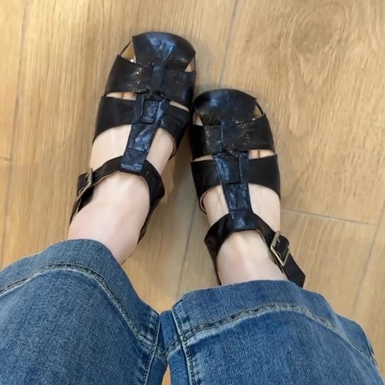 シープスキンバージョン～女性用フレンチジェントル通勤ローマンシューズ、女性用編み込み中空豚小屋シューズ、太ヒール本革サンダル|undefined