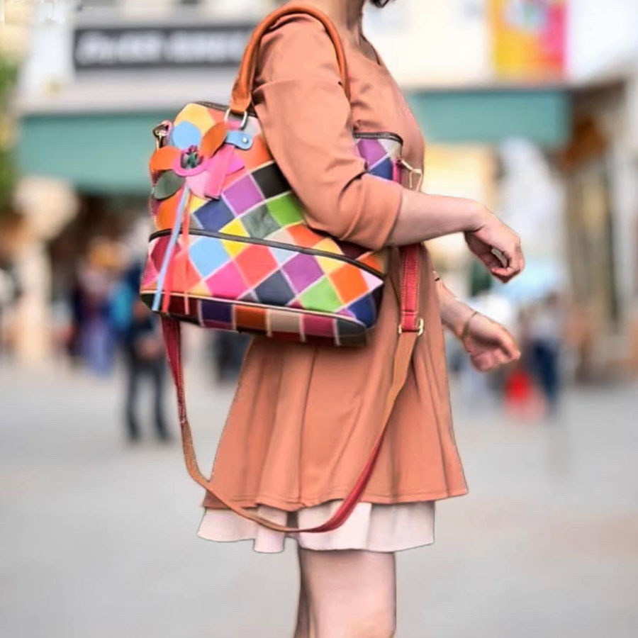 Damen Handtasche Aus Echtleder, Bunte Beuteltasche Mit Muster_voghion.com