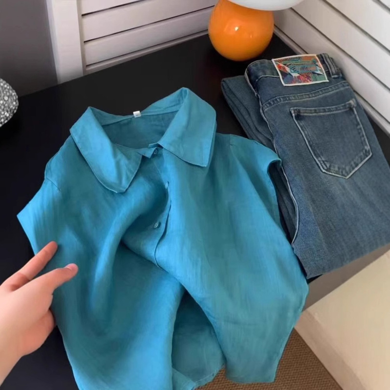 Highly Recommended! Very Flattering! Korean-Style Peacock Blue Small Collar Short-Sleeve Ramie Shirt for Women, Age-Reducing and Elegant Top