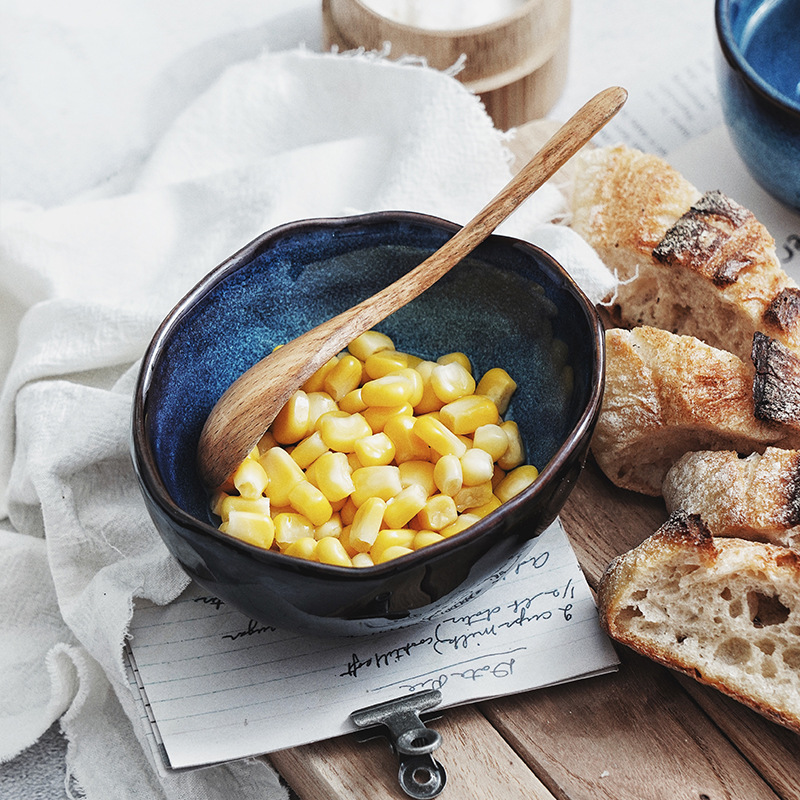 Tazón de cerámica azul irregular, cocido en horno, para uso transfronterizo, para fideos, ensalada, salsa, sopa, con acabado esmaltado