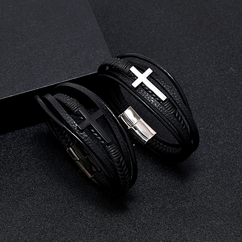 Multi Layer Leather Woven Bracelet Magnetic Buckle For Men_voghion.com
