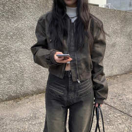 韩国chic法式帅气做旧翻领拉链宽松百搭BF风机车服PU皮衣短外套