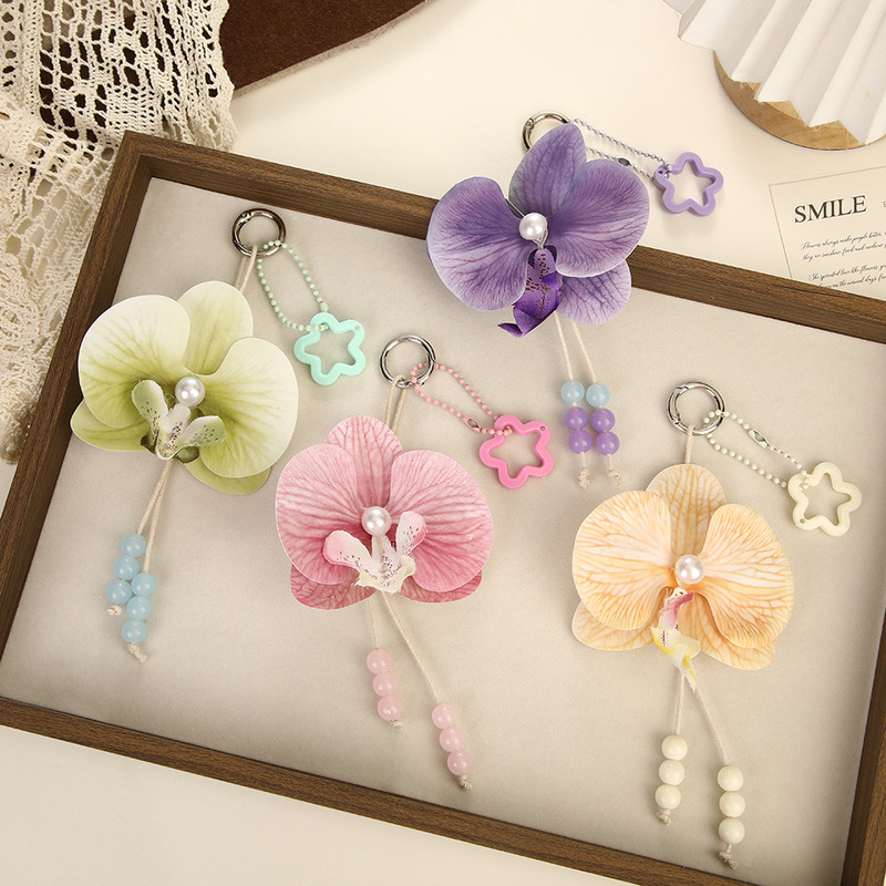 Cross-Border New Style Butterfly Orchid Tassel Keychain Bag Charm with a Girly Vibe, Phone Chain, Car Artificial Flower Pendant