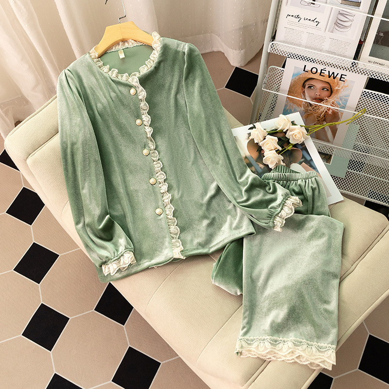 Autumn and Winter Women's Velvet Long-Sleeve Long-Pants Two-Piece Pajama Set, Light Luxury Style, Round-Neck Cardigan Set, Suitable for Wearing Outside as Loungewear Autumn and Winter Women's Velvet Long-Sleeve Long-Pants Two-Piece Pajama Set, Light Luxury Style, Round-Neck Cardigan Set, Suitable for Wearing Outside as Loungewear