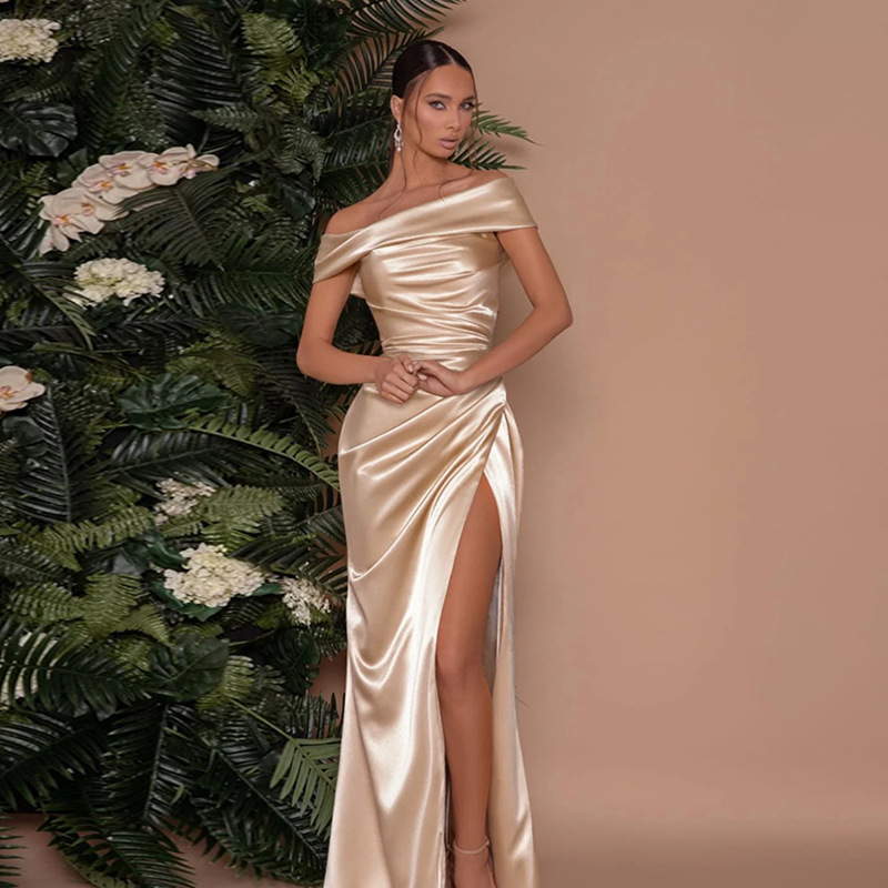 YJ24467 mercerized off-shoulder dress with split dress female socialite style elegant women's sexy split dress