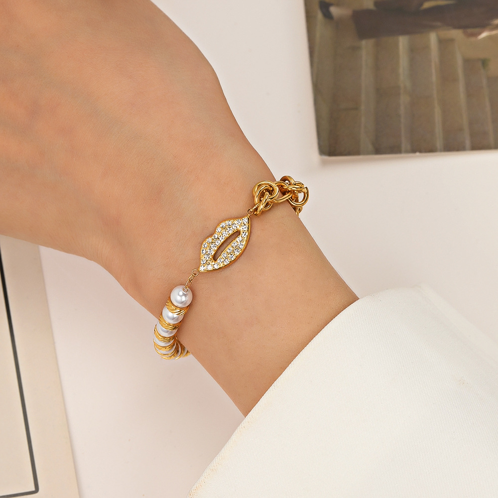 Fashion Geometric Stainless Steel Gold Plated Rhinestones Pearl Bracelets 1 Piece