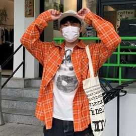 美式oldschool橙色格子长袖衬衫男士休闲小众显白高街衬衣薄外套