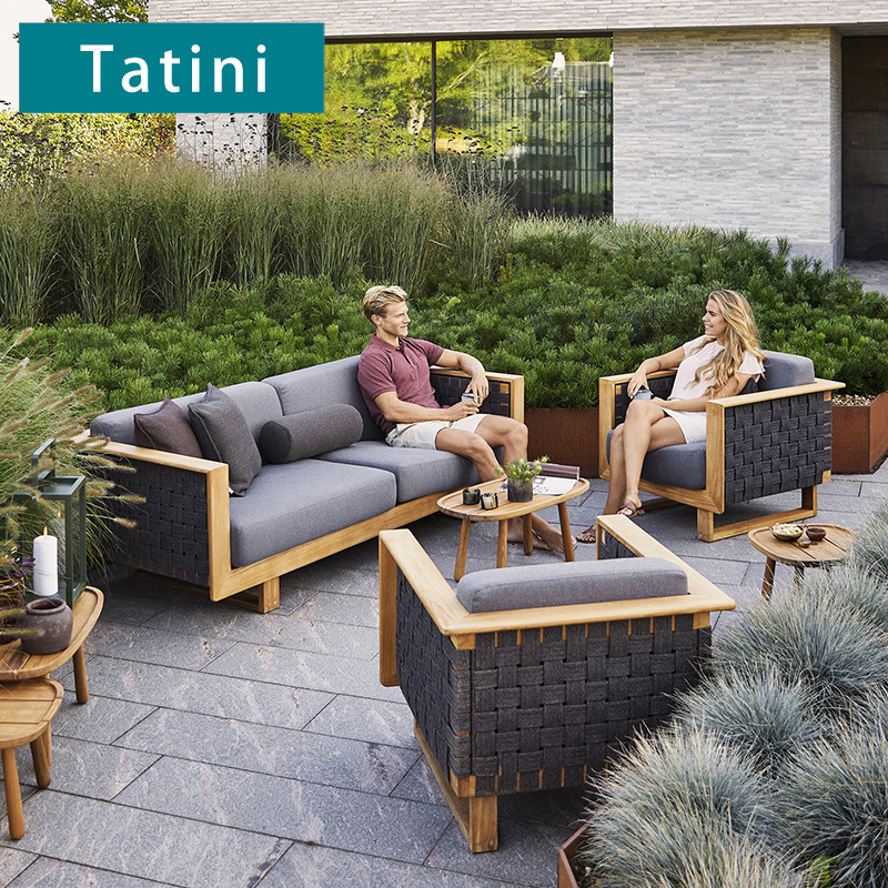Conjunto de sofás para exteriores, patio, villa, hotel, teca, ratán, aire libre, casa de huéspedes, impermeable, protección solar, muebles de madera maciza image 2