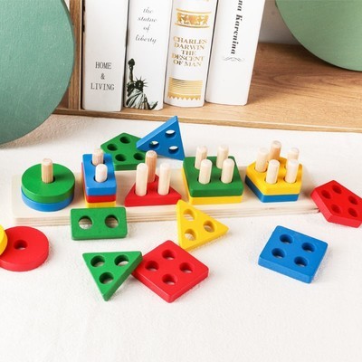 Wooden geometric shape column set, five sets of columns, wisdom column, Montessori early education cognitive building block matching toys for young children