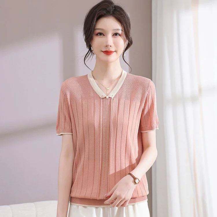 Модный летний наряд для мам: футболка из ледяного шелка, закрывающая живот, свободный вязаный топ с V-образным вырезом для женщин среднего возраста, подходит для 40-летних.
