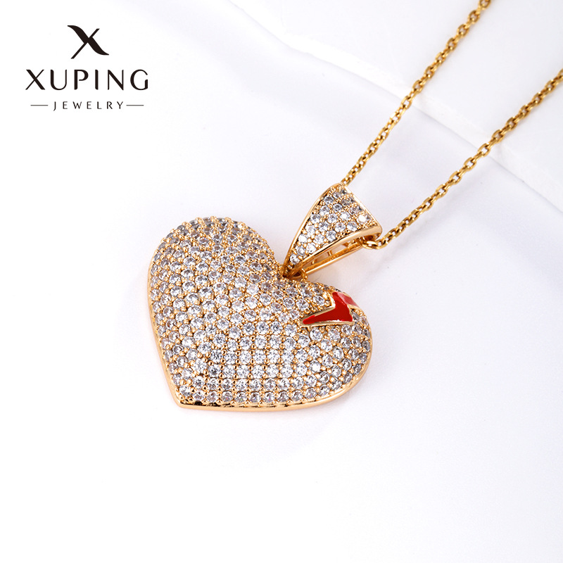 Joyería Xuping, Collar de Aleación con Colgante de Corazón con Diamantes, Estilo Europeo y Americano, Diseño de Corazón Roto, Esmalte Brillante, Venta al por Mayor