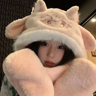 Sweet Cute Cartoon Plush Hat and Scarf All-in-One Women's Autumn and Winter 2024 Ears Moving Warm Lei Feng Hat