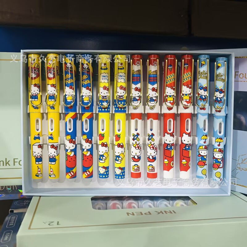 Cartoon Hello Kitty Kt Cat 12-Piece Erasable Fountain Pens with High Aesthetic Appeal for Girls to Practice Writing