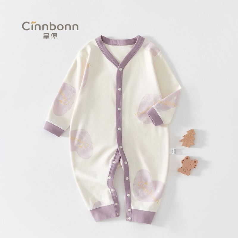 Baby Jumpsuit Spring & Fall Pure Cotton Long-Sleeved Enlarged Closed Crotch Robe Boneless Sewing All-Season Newborn Clothes
