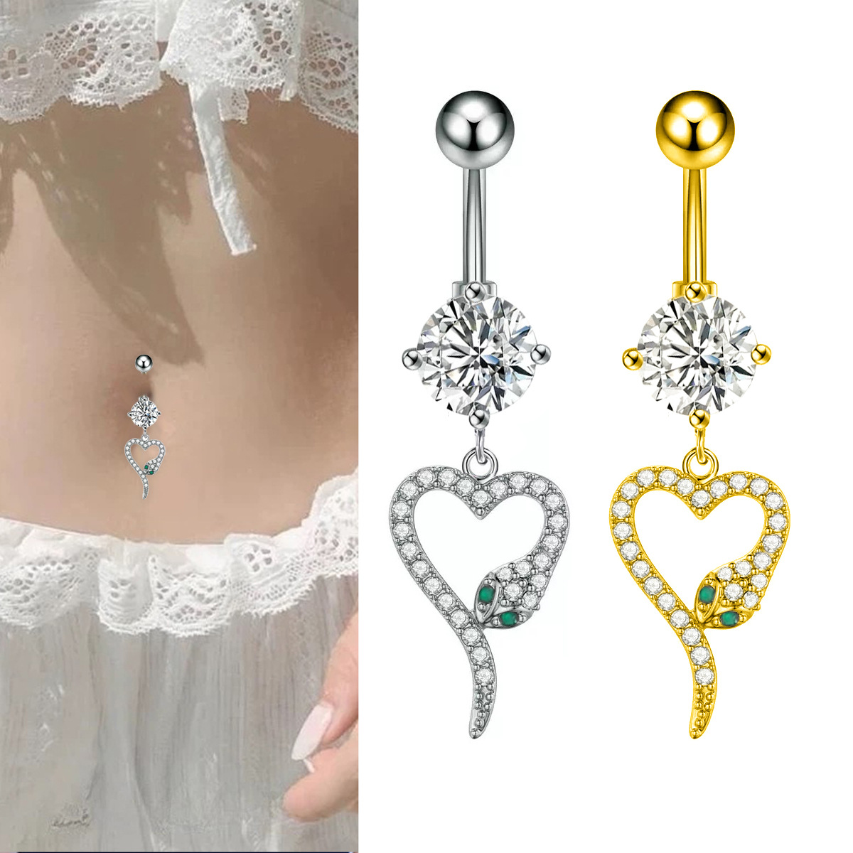 Piercing ombligo serpiente corazón en acero inoxidable zircon_voghion.com