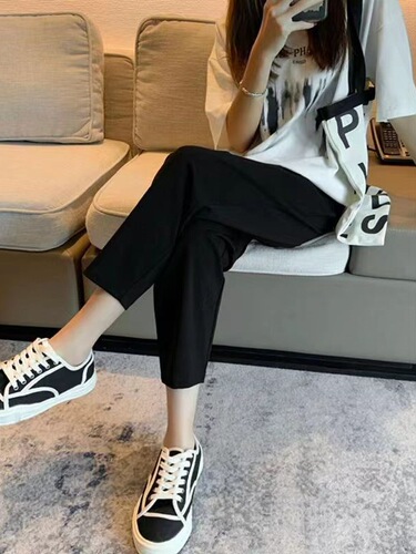 Harlem pants for women's spring and summer large size women's pants fat elastic waist slimming black radish pants for women's nine-quarter suit casual pants
