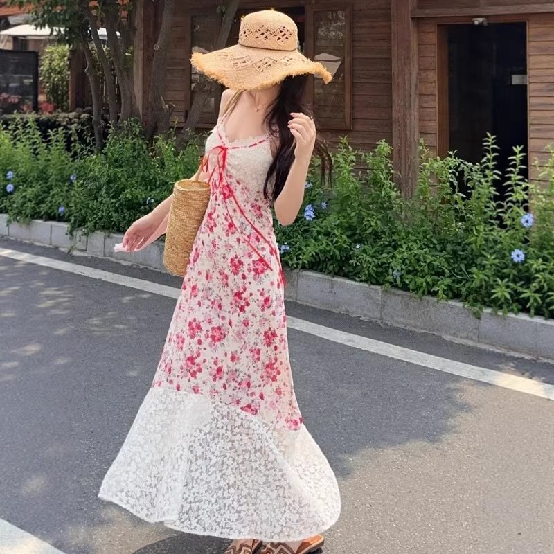 2026 Summer New French Style Elegant Fashionable Lace Floral Bow Strap Long Dress for Women 2026 Summer New French Style Elegant Fashionable Lace Floral Bow Strap Long Dress for Women