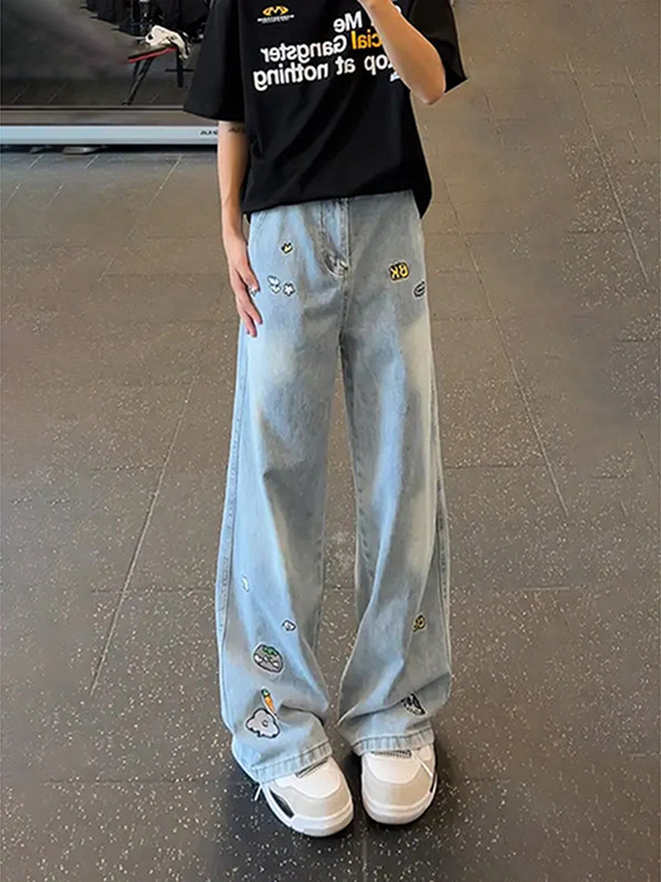 Blue Embroidered Jeans for Men, Summer Thin Style, Cool and Stylish, High-End Feel, American High Street Style, Fun Cartoon Flared Pants Blue Embroidered Jeans for Men, Summer Thin Style, Cool and Stylish, High-End Feel, American High Street Style, Fun Cartoon Flared Pants
