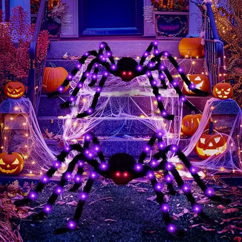 Halloween Luminous Spider Web Triangulation with Light Black Spider Plush Oversized Colorful Spider Party Decoration Props