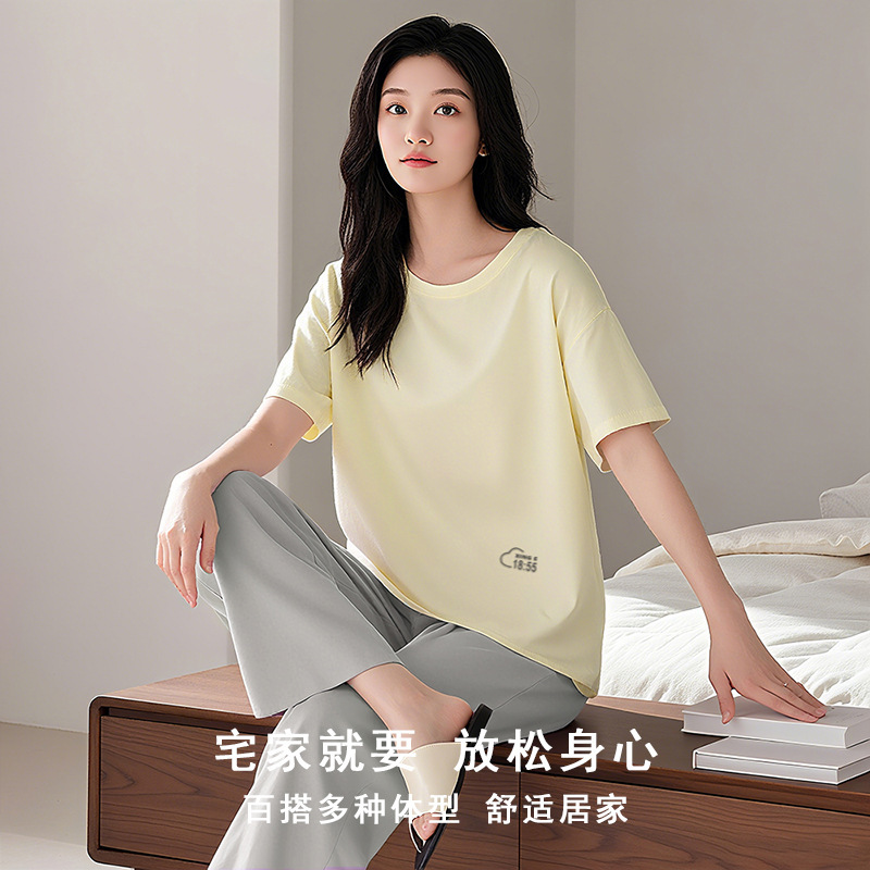 モーダルパジャマセット女性の夏のルーズ半袖 Tシャツアウターカジュアルパンツ大きいサイズホームウェア 2 点セット|undefined