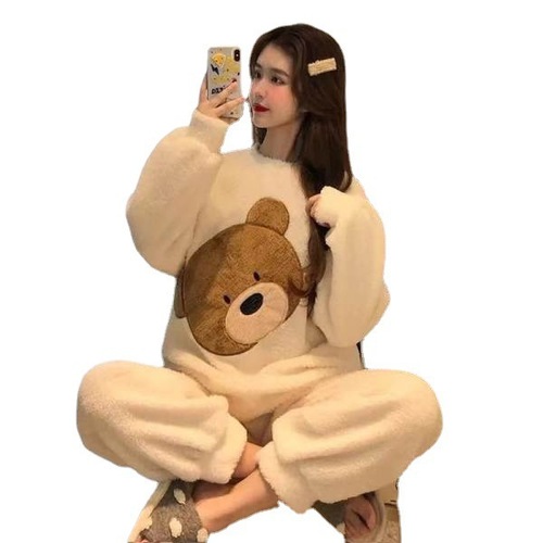 New cartoon sweet women's autumn winter coral velvet loose plus-size foreign trade cross-border set one-piece drop shipping