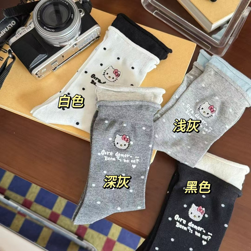 波点袜子女春夏薄款可爱Kitty撞色双罗口时尚中筒袜韩版卡通潮袜|undefined