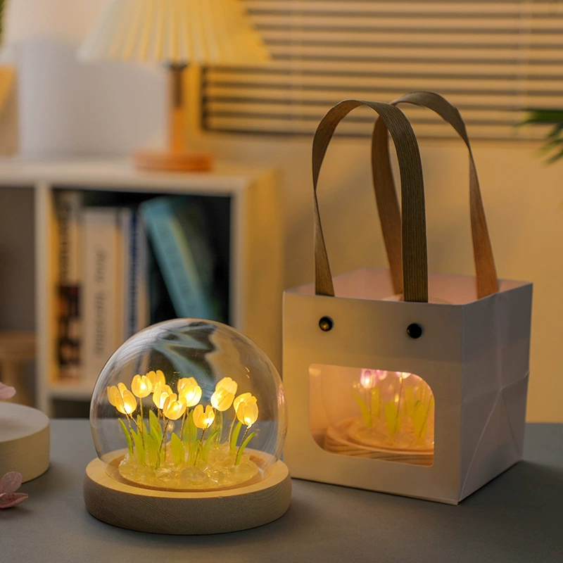 Night light tulip lamp, creative table lamp, battery or glass shade, 9–20 tulips, 13×13×15 cm