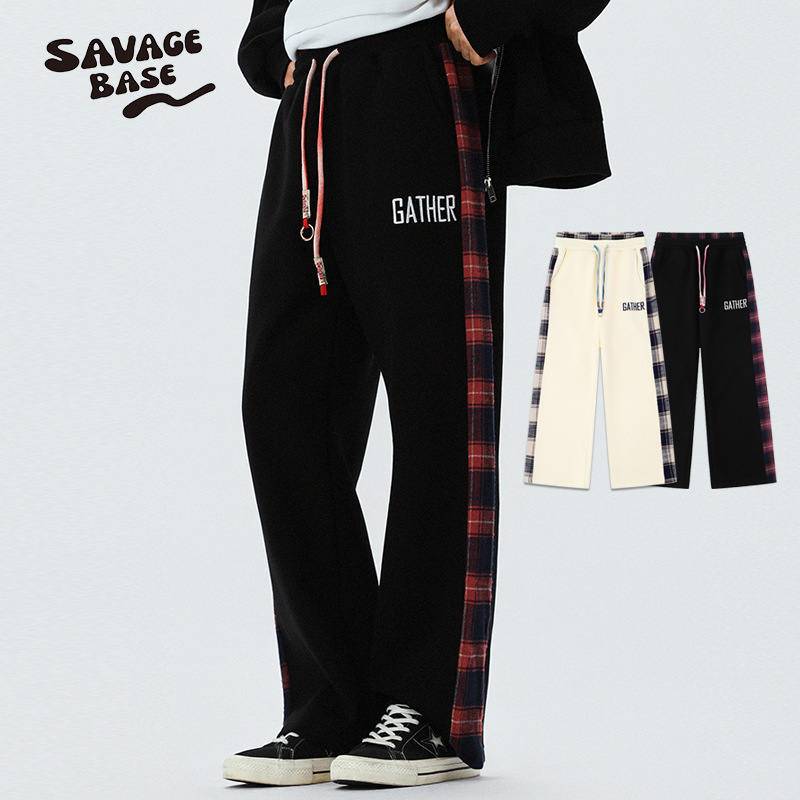 American Retro Patchwork Plaid Double-Layer High-Waisted Sports Sweatpants for Men, Versatile Straight-Leg Wide-Leg Casual Trousers for Spring and Autumn