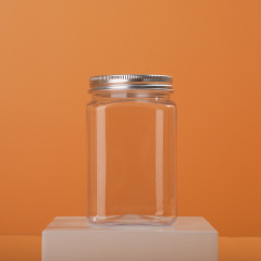 Petアルミカバー透明ペットボトル四角い食品級プラスチック広口瓶キャンディー蜂蜜プラスチック四角い缶