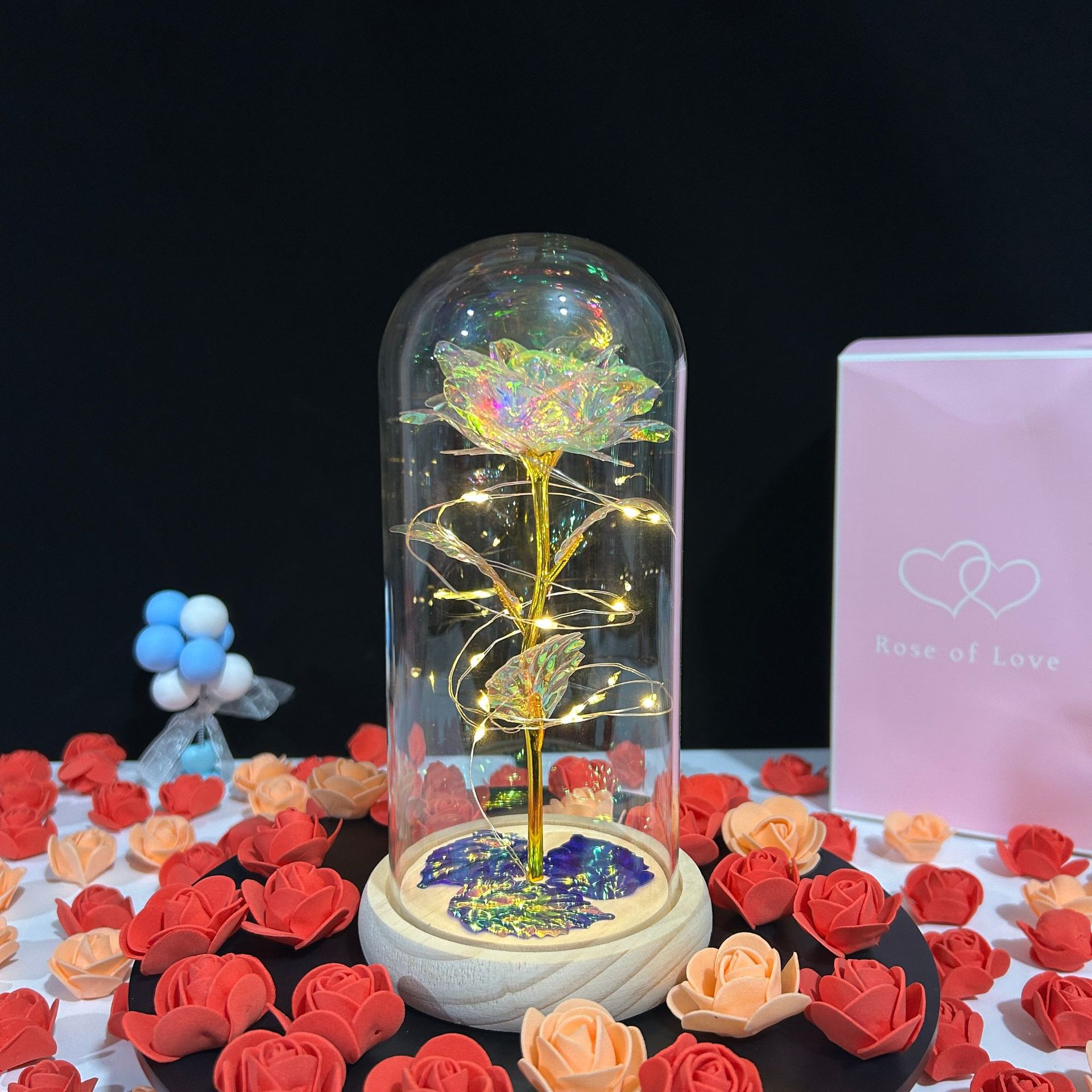 Cúpula de cristal con flor preservada 520, rosa del Día de San Valentín, adorno de linterna, regalo de Navidad, decoración de puesto de bodas, pequeño regalo