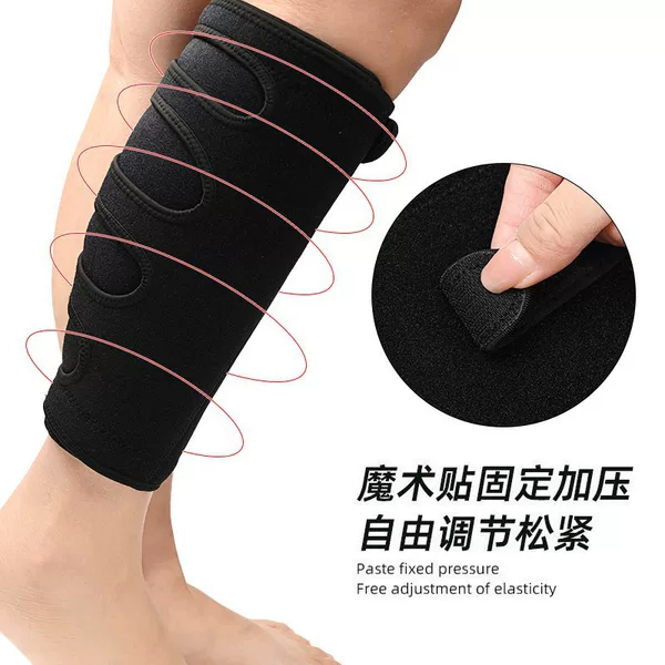 Velcro-secured compression calf sleeves with ventilation holes, designed for sports and running, providing calf support and protection. Available on Amazon
