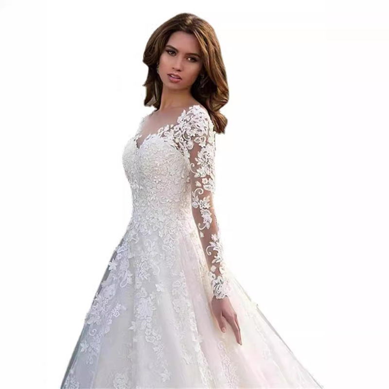 2022 Cross-Border European and American Lace Women's Clothing Amazon Long-Sleeved One-Shoulder White Bridal Wedding Dress