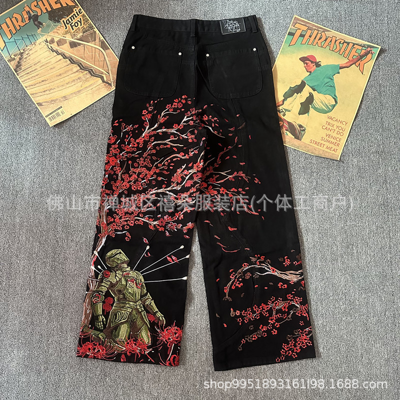 Vescartes Heavy Industry Red Cherry Blossom Knight Embroidered Jeans Loose Straight-Leg Jeans Trousers for Men