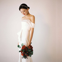 主題緞面輕婚紗復古氣一字肩簡約2022新款新娘拖尾迎賓晚禮服旅拍