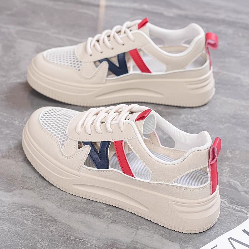 Zapatos individuales para mujer 2025 nuevo estilo de verano, suela gruesa, zapatos blancos deportivos huecos, suela suave, sin cansancio, cordones de pie, resistentes al desgaste