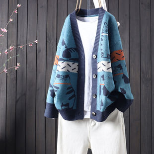 2025 Autumn Loose Large Edition Cat Jacquard Cute Knitted Cardigan Women's Artistic Casual Buckle Sweater