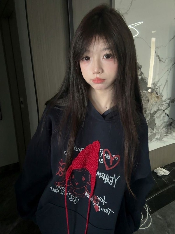韩系原创慵懒风小红帽连帽卫衣女2025秋季新款韩版宽松百搭上衣|undefined